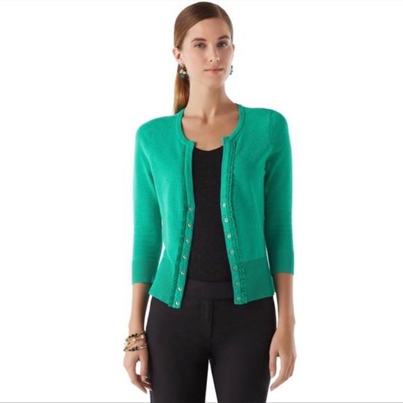 White House Black Market Green Snap Sweater Cardigan Ruffled Lace Trim Large - Picture 12 of 12